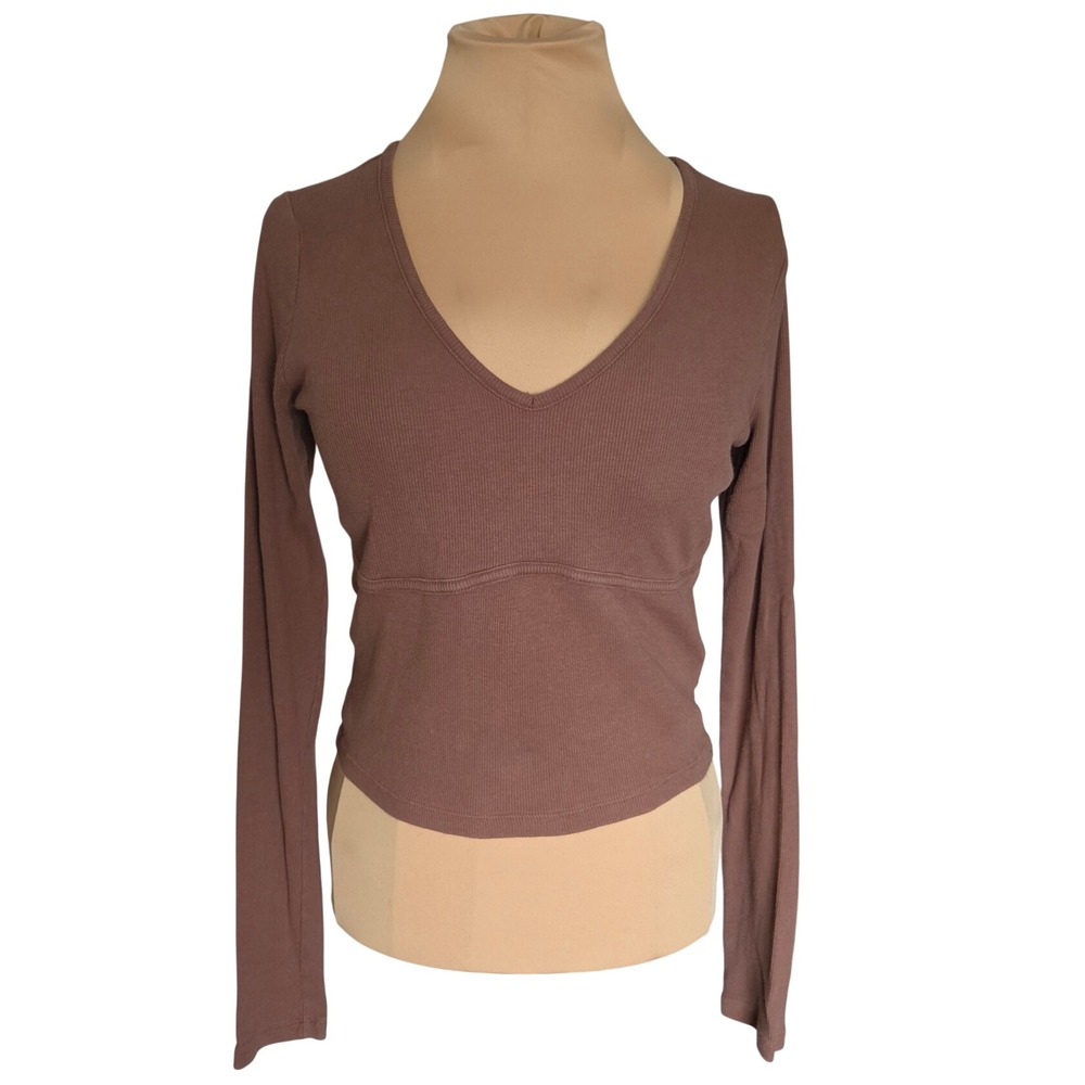 Hollister Must-Have Collection Brown Ribbed V-Neck Long Sleeve Top Large